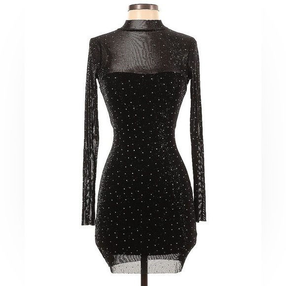 Audrey Parks (francesca’s) Dresses & Skirts - Audrey Parks Black Sheer Rhinestone Studded Bodycon Mini Dress Womens S